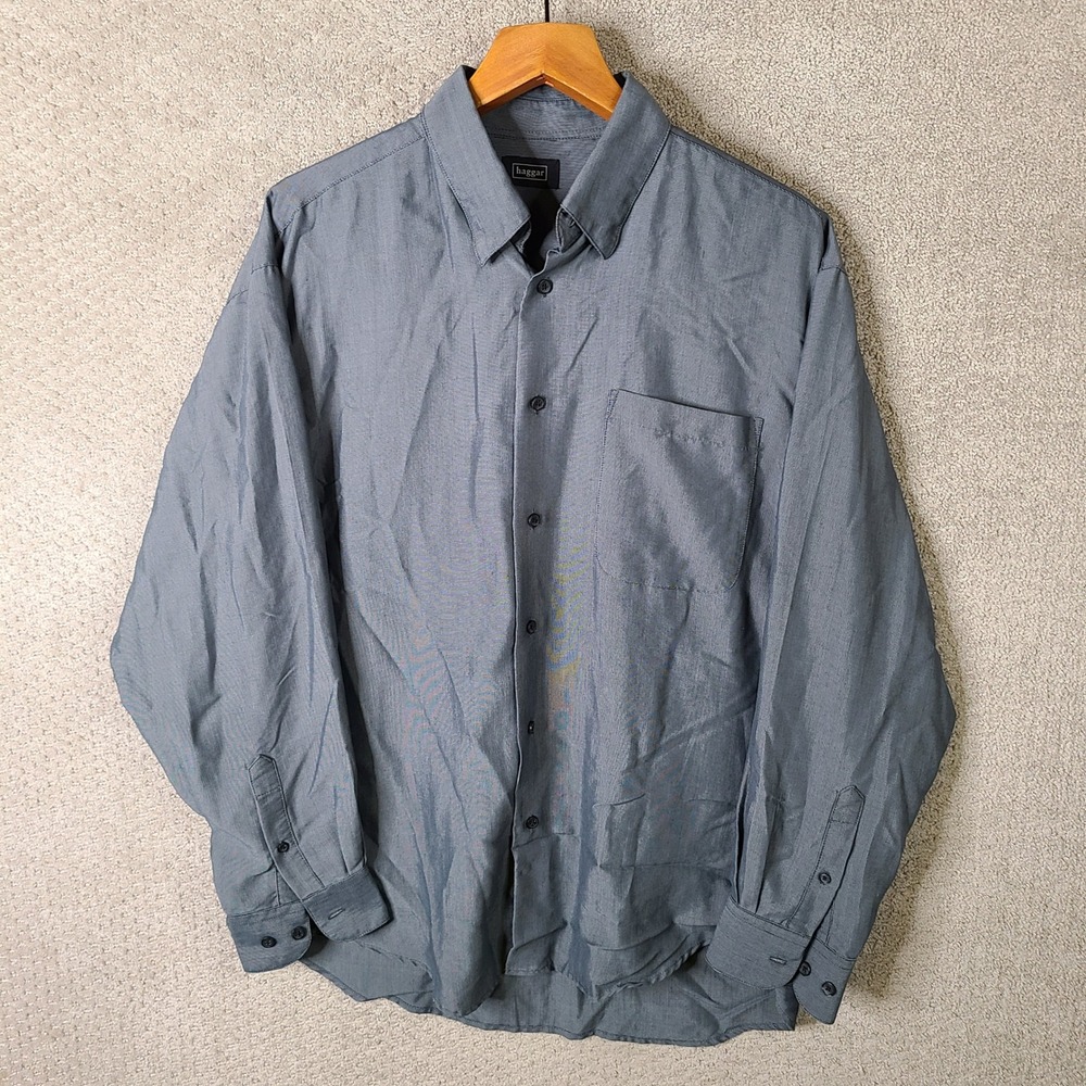 Haggar Shirt Mens Large Gray Long Sleeve Button Down Rayon Blend Office Casual
